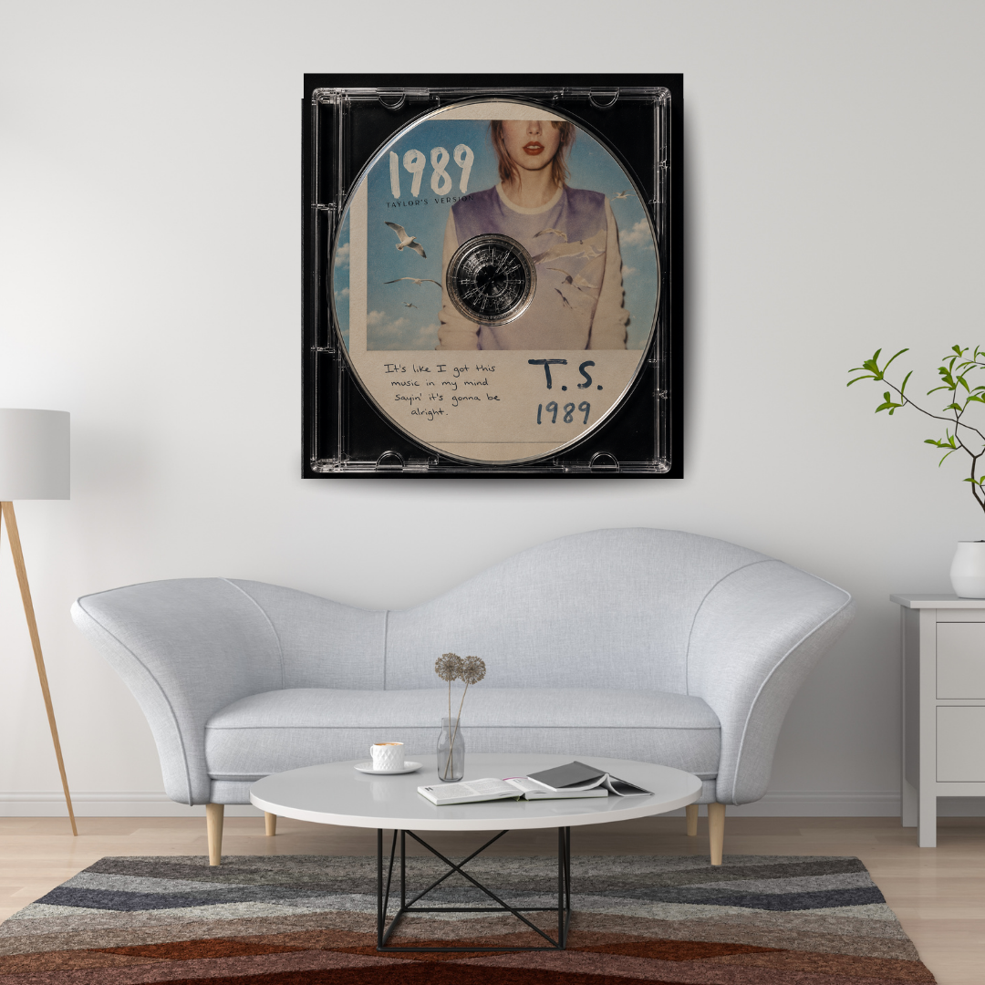 1989 Music CD poster mockup in living room