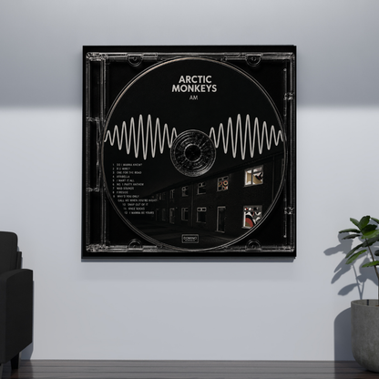 AM Music CD poster mockup on grey wall