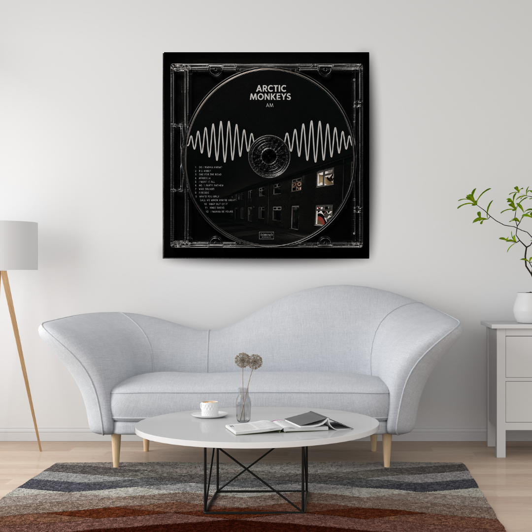 AM Music CD poster mockup in living room