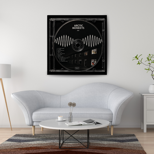 AM Music CD poster mockup in living room