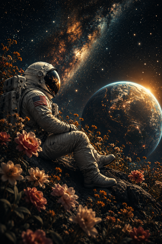 Astronaut sitting among flowers while looking at Earth