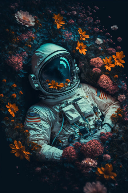 Astronaut surrounded by dark flowers in a dreamlike scene