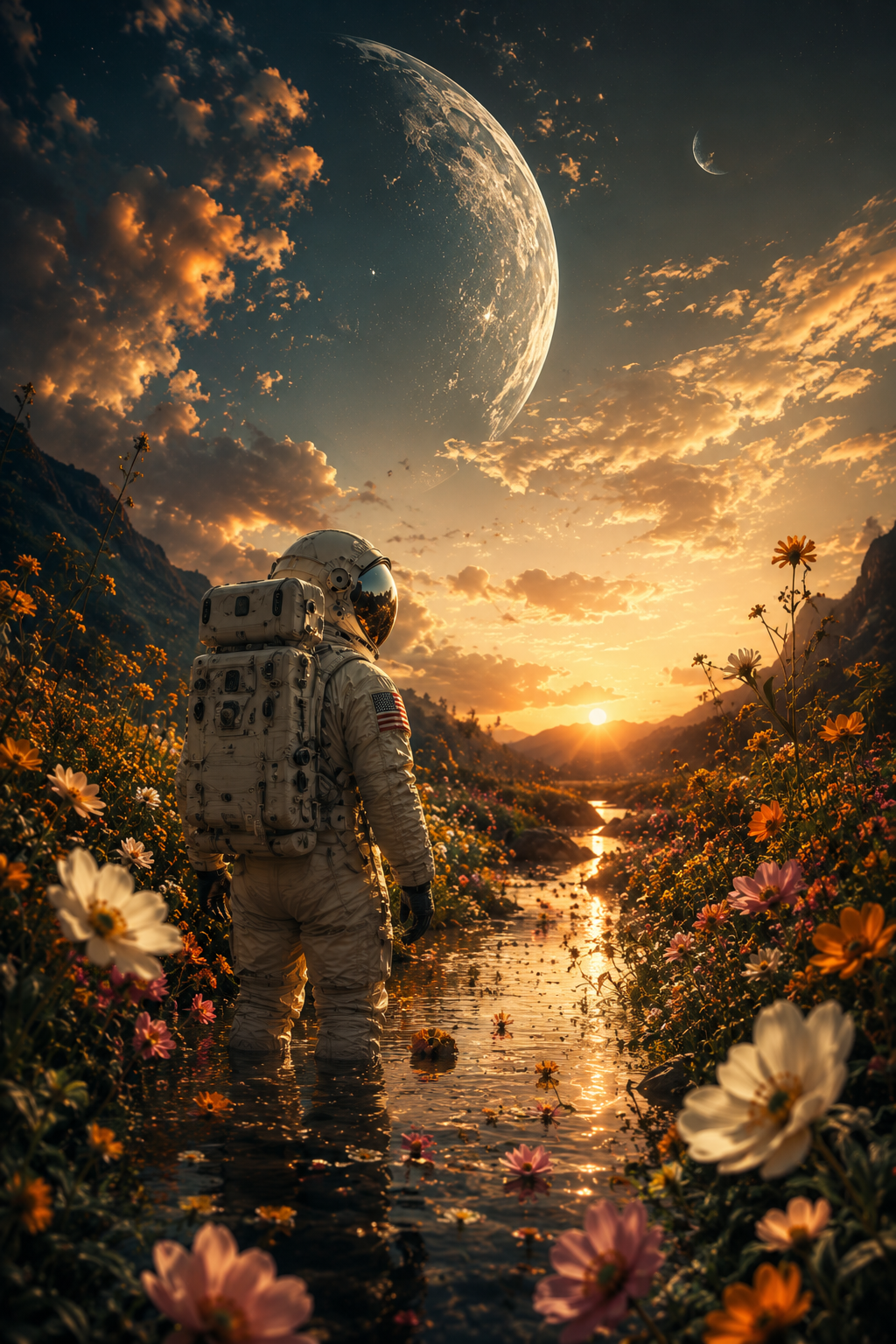 Astronaut walking through a flower-filled valley at sunset