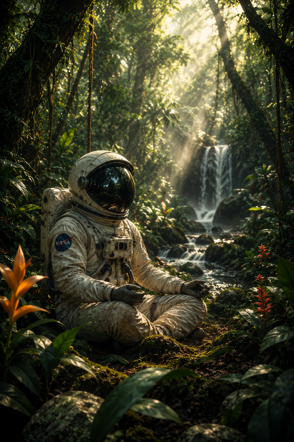 Astronaut meditating in a lush jungle beside a waterfall