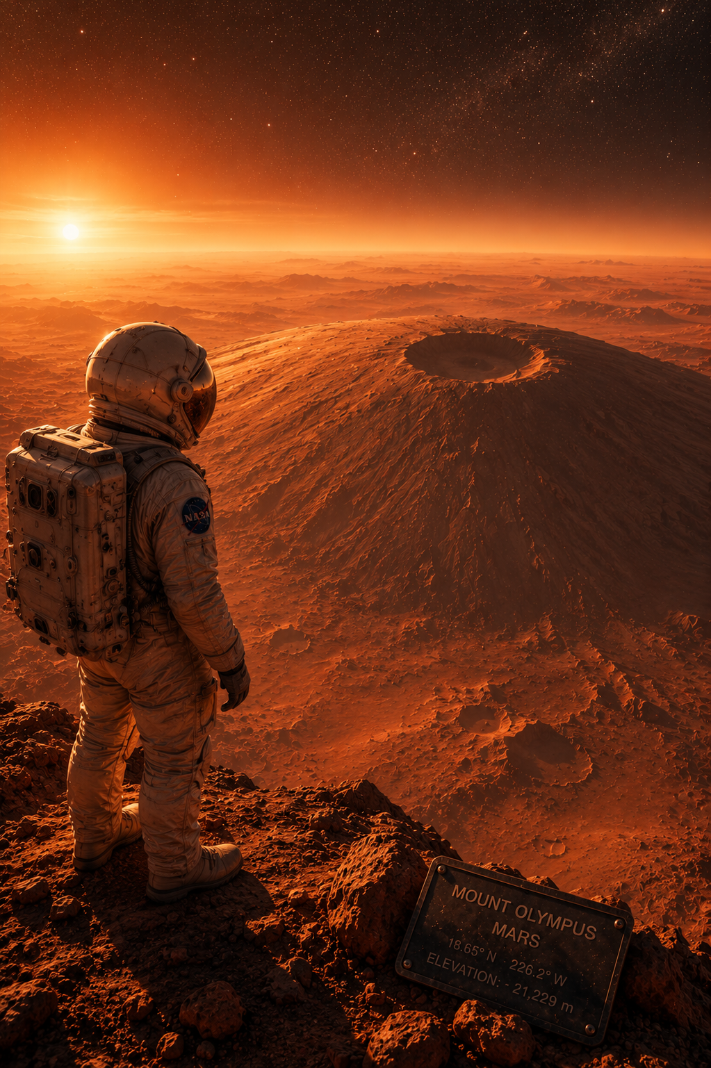 Astronaut overlooking Olympus Mons on Mars at sunset