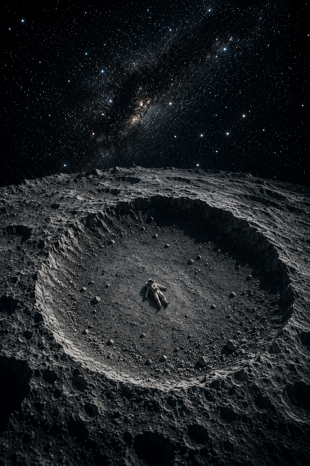 Astronaut resting inside a crater beneath a star-filled sky