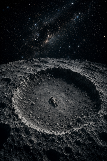 Astronaut resting inside a crater beneath a star-filled sky