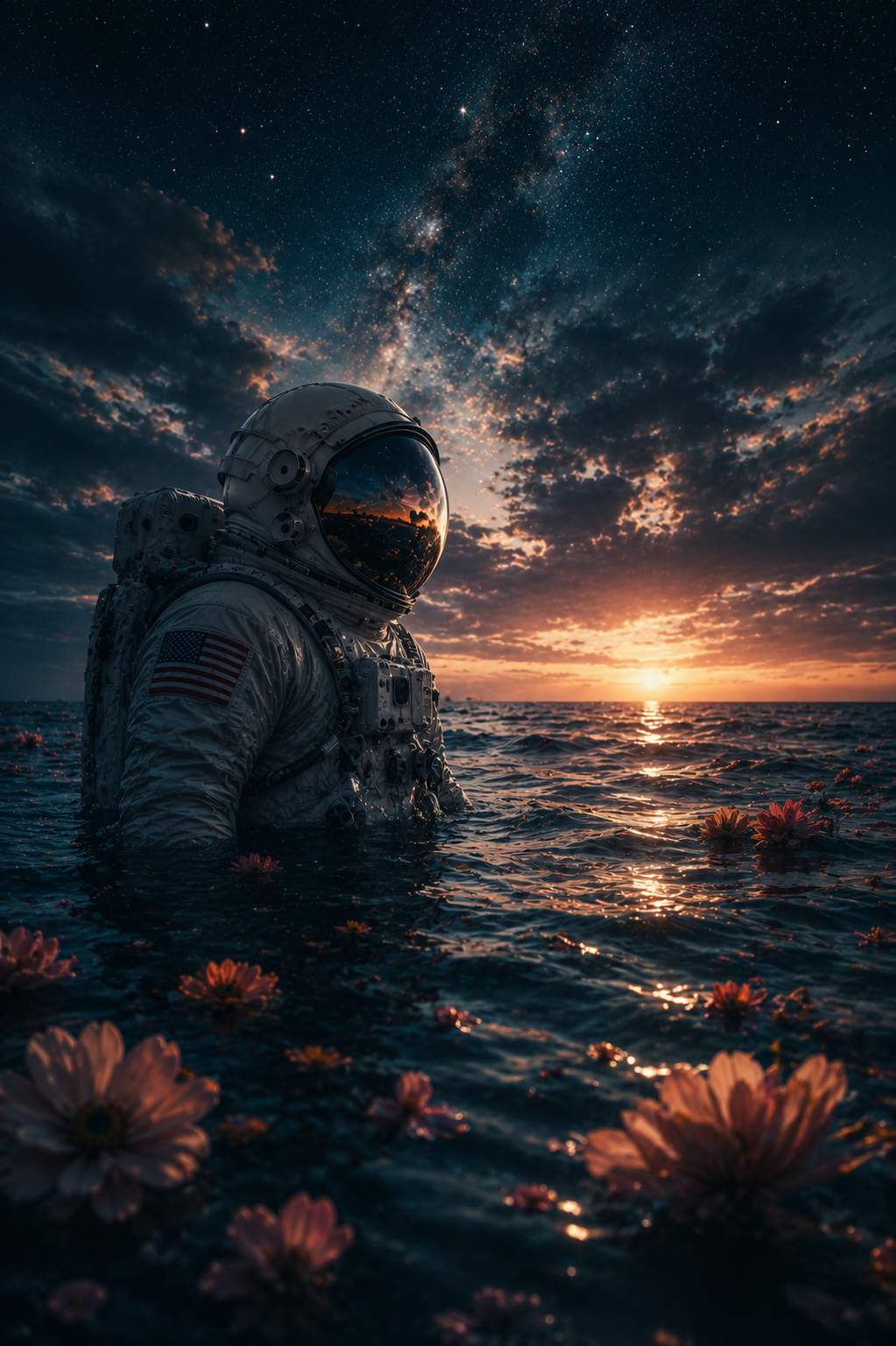Astronaut standing in an ocean with flowers at sunset
