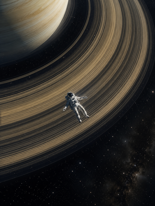 Astronaut floating beside the rings of Saturn