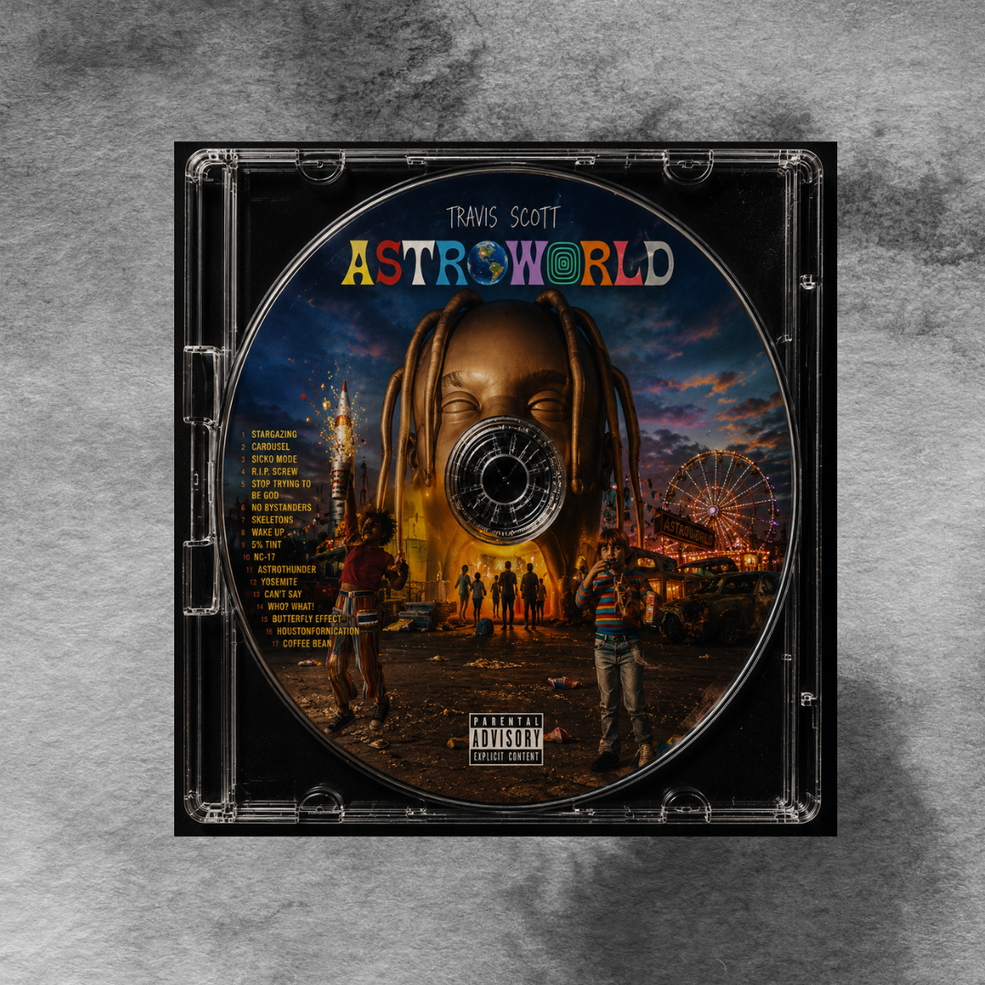 Astroworld Music CD poster mockup on concrete background