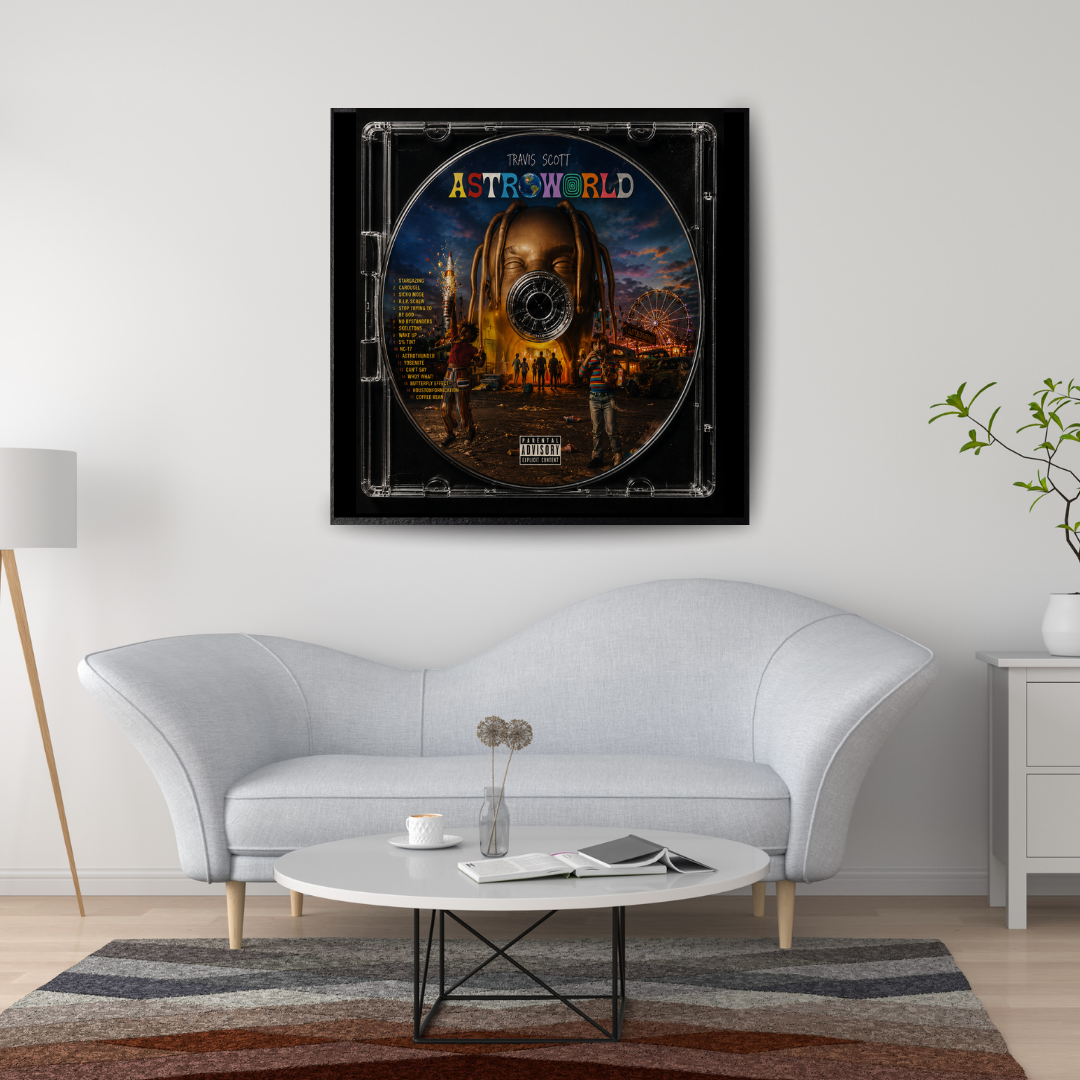 Astroworld Music CD poster mockup in living room