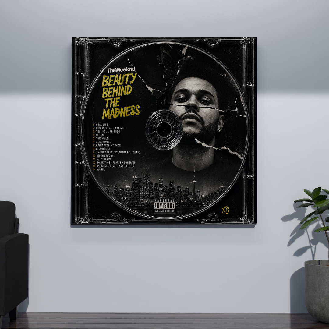 Beauty Behind the Madness Music CD poster mockup on grey wall