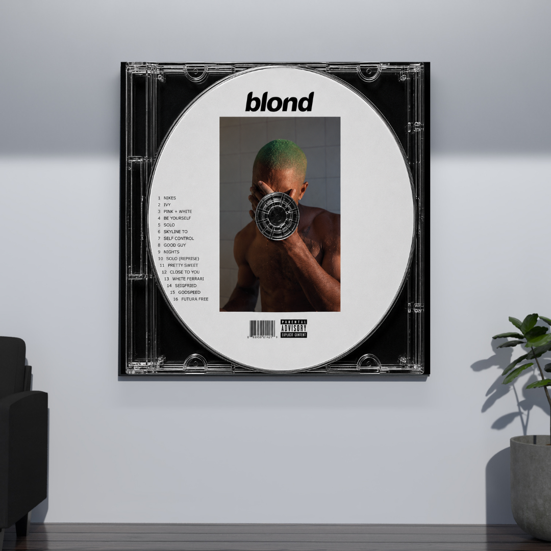 Blond Music CD poster mockup on grey wall
