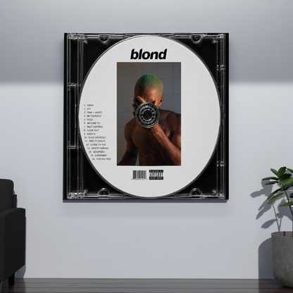 Blond Music CD poster mockup on grey wall