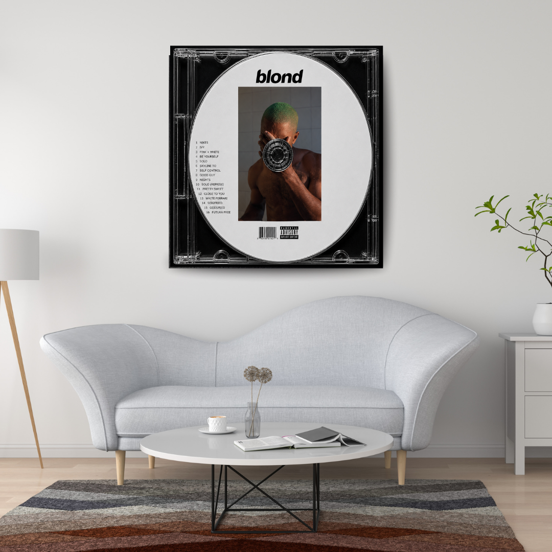Blond Music CD poster mockup in living room