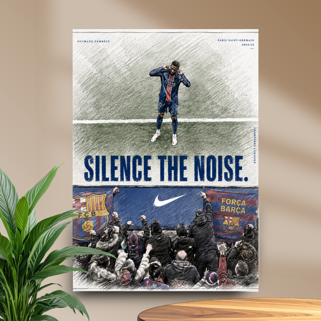 Ousmane Dembele Silence the Noise football poster mockup in beige room
