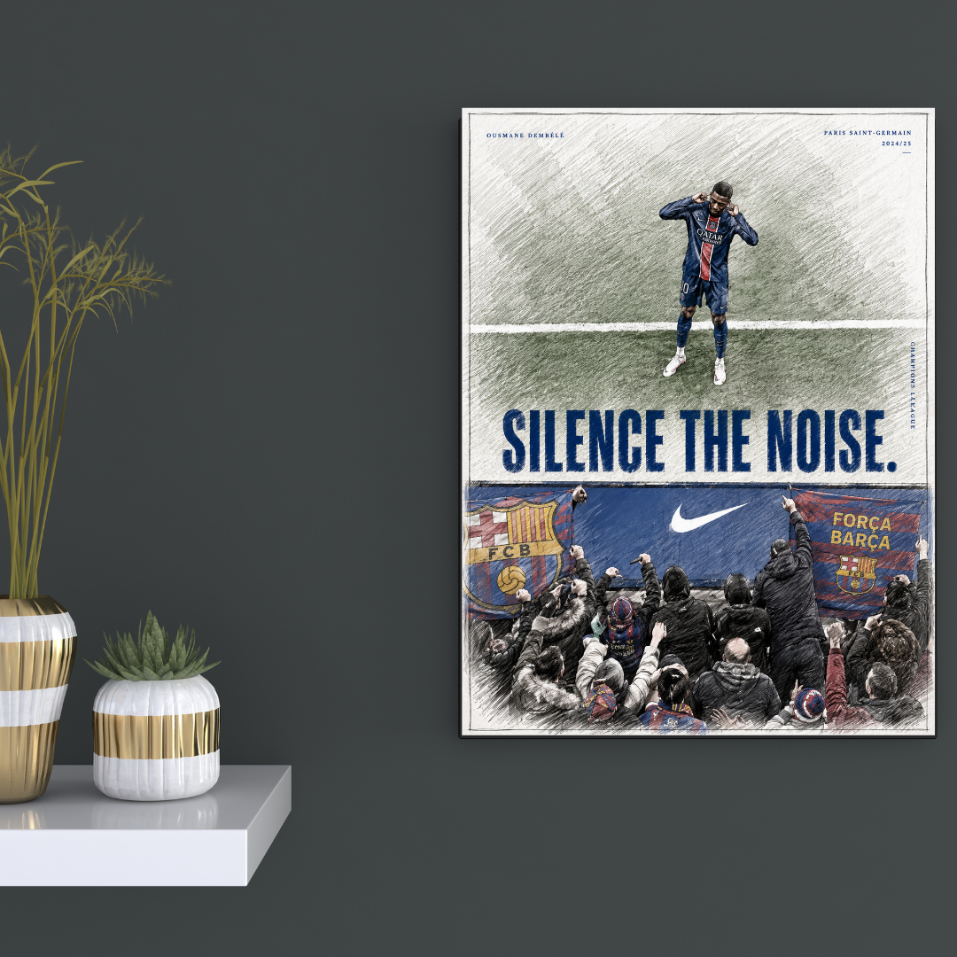 Ousmane Dembele Silence the Noise football poster mockup on dark wall, primary view