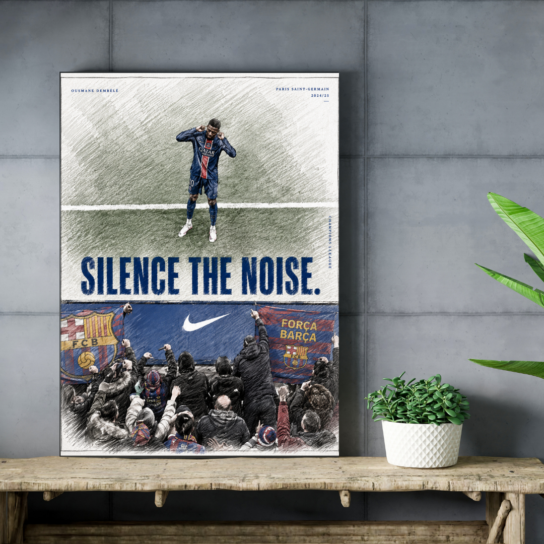 Ousmane Dembele Silence the Noise football poster mockup on concrete wall and wooden table