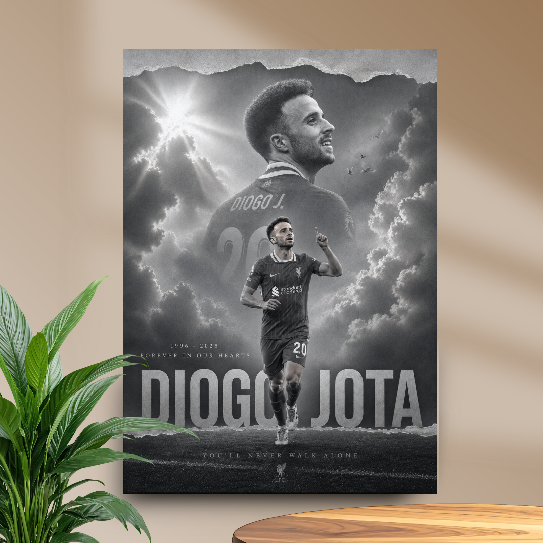 Diogo Jota Forever in Our Hearts football poster mockup in beige room