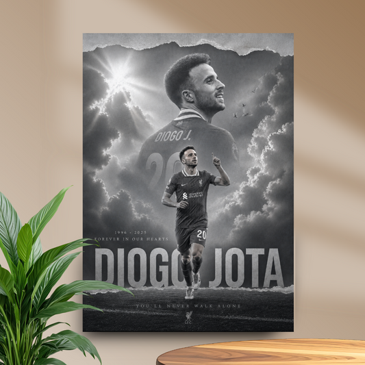 Diogo Jota Forever in Our Hearts football poster mockup in beige room