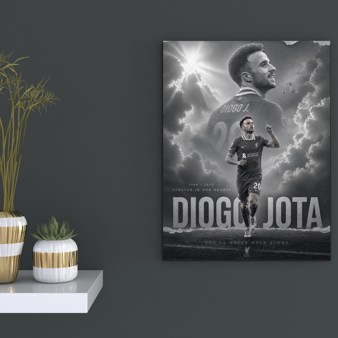 Diogo Jota Forever in Our Hearts football poster mockup on dark wall