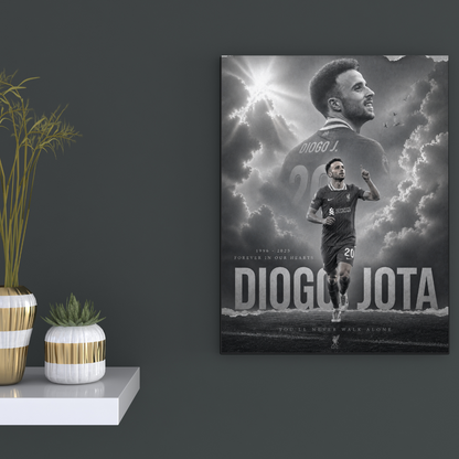 Diogo Jota Forever in Our Hearts football poster mockup on dark wall