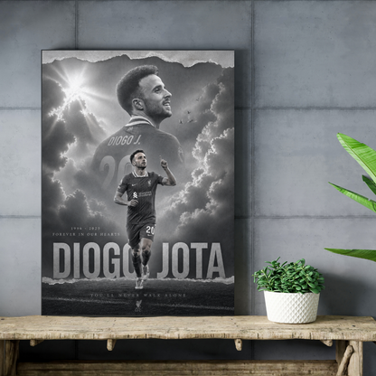 Diogo Jota Forever in Our Hearts football poster mockup on concrete shelf