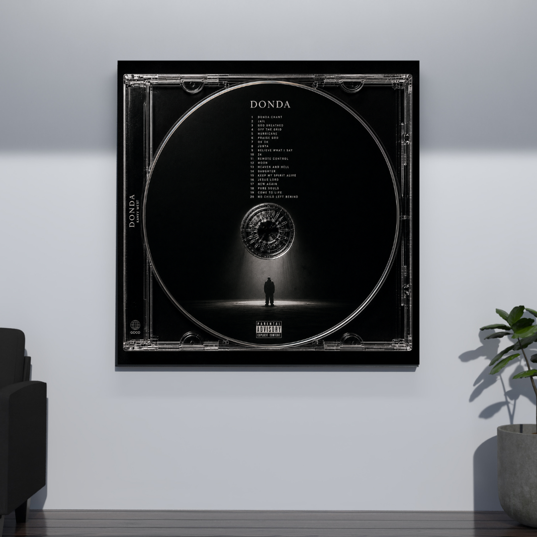 Donda Music CD poster mockup on grey wall