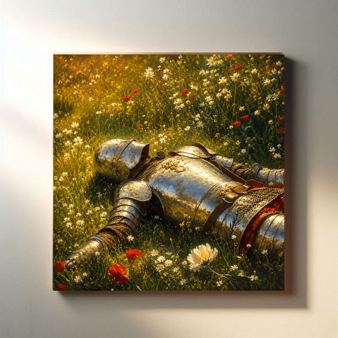 Fallen Knight in Bloom canvas close-up wall mockup