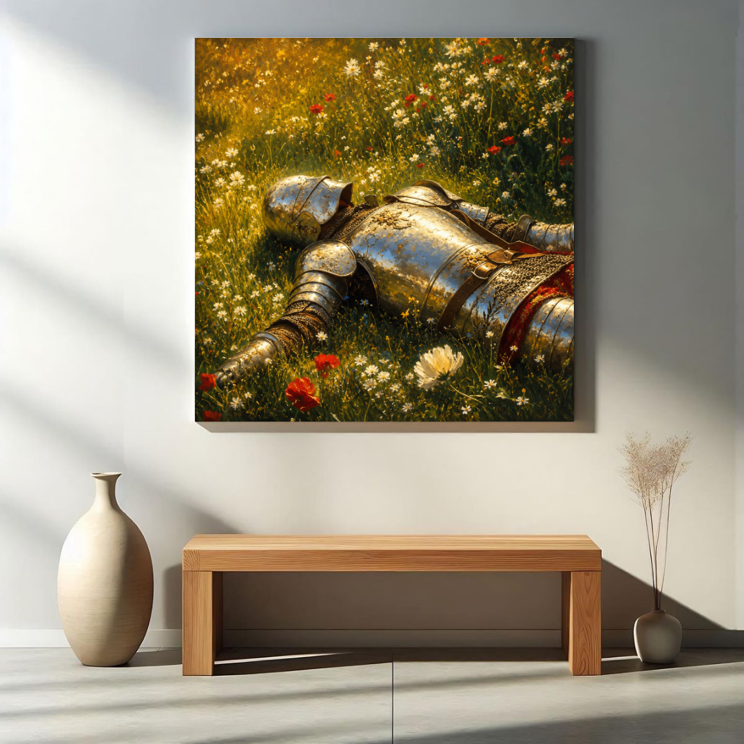 Fallen Knight in Bloom canvas art minimal interior mockup
