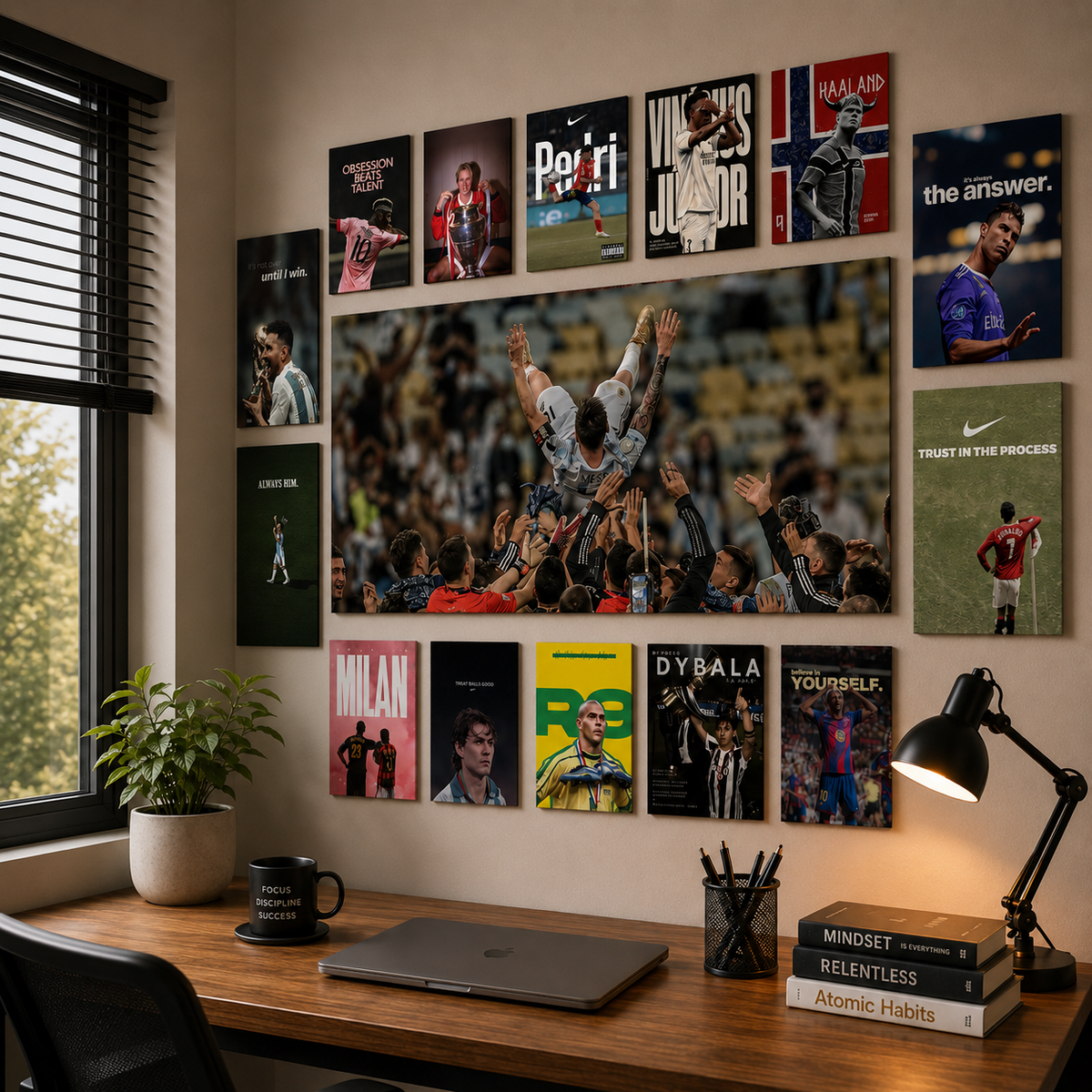 Football Legends wall makeover poster set – angled workspace view