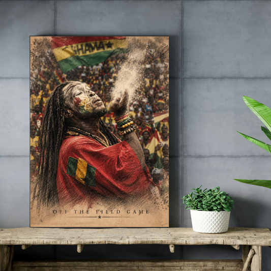 Ghana Off the Field Game football poster mockup on concrete wall and wooden shelf
