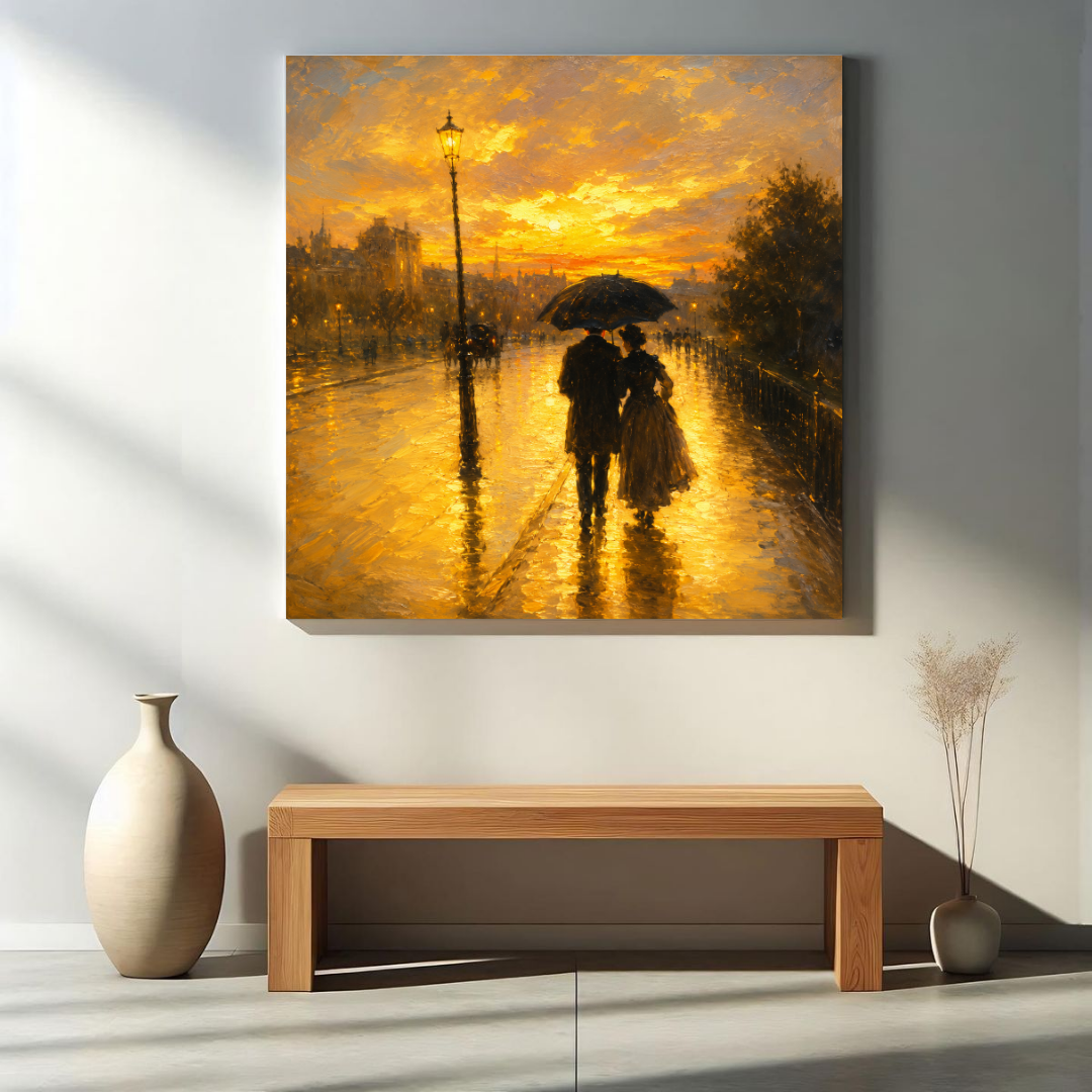 Golden Rain Lovers canvas art minimal interior mockup