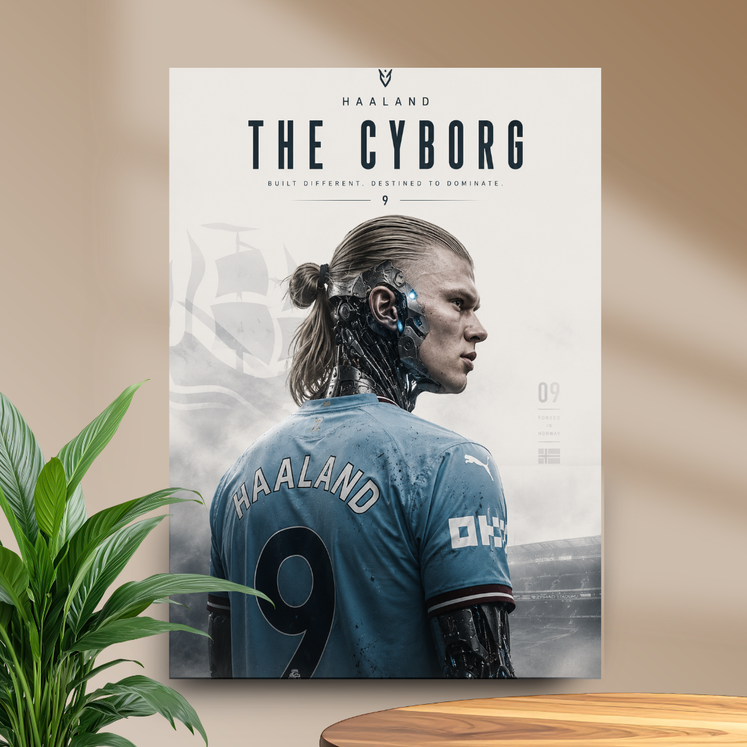 Erling Haaland The Cyborg football poster mockup in beige room
