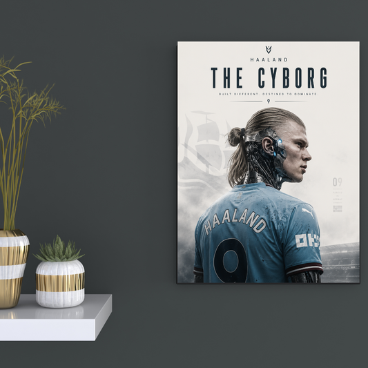 Erling Haaland The Cyborg football poster mockup on dark wall, primary view