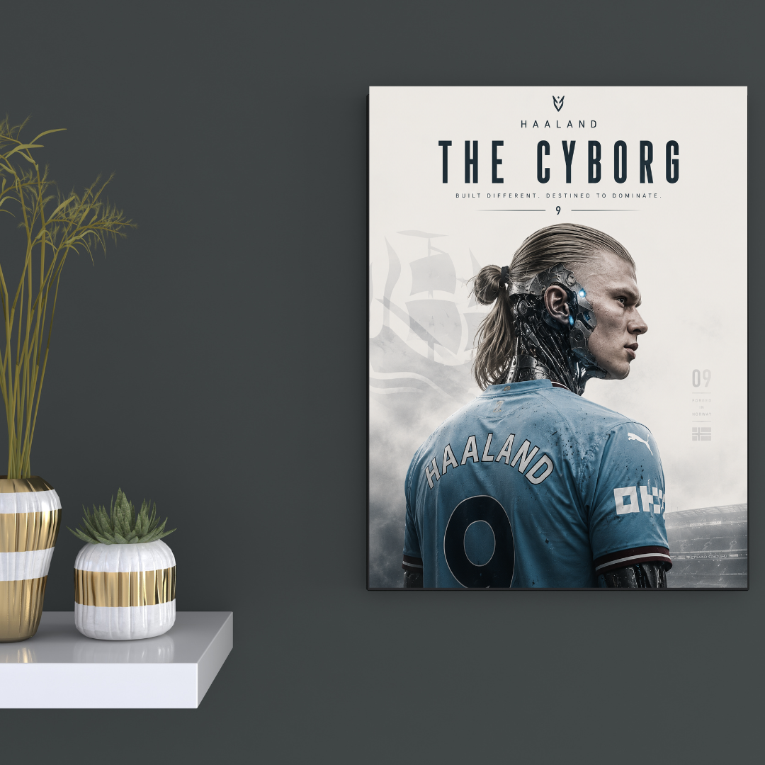 Erling Haaland The Cyborg football poster mockup on dark wall, alternate view