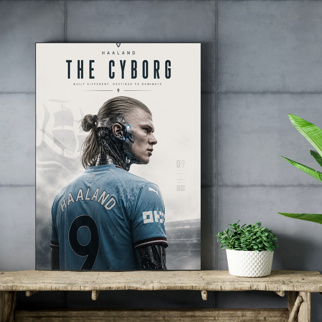 Erling Haaland The Cyborg football poster mockup on concrete wall and wooden table