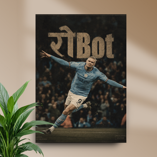 Haaland रोBot football poster mockup in beige room