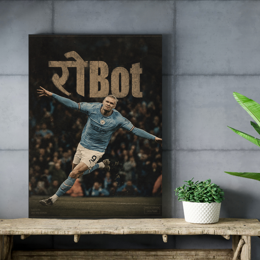 Haaland रोBot football poster mockup on concrete wall and wooden shelf