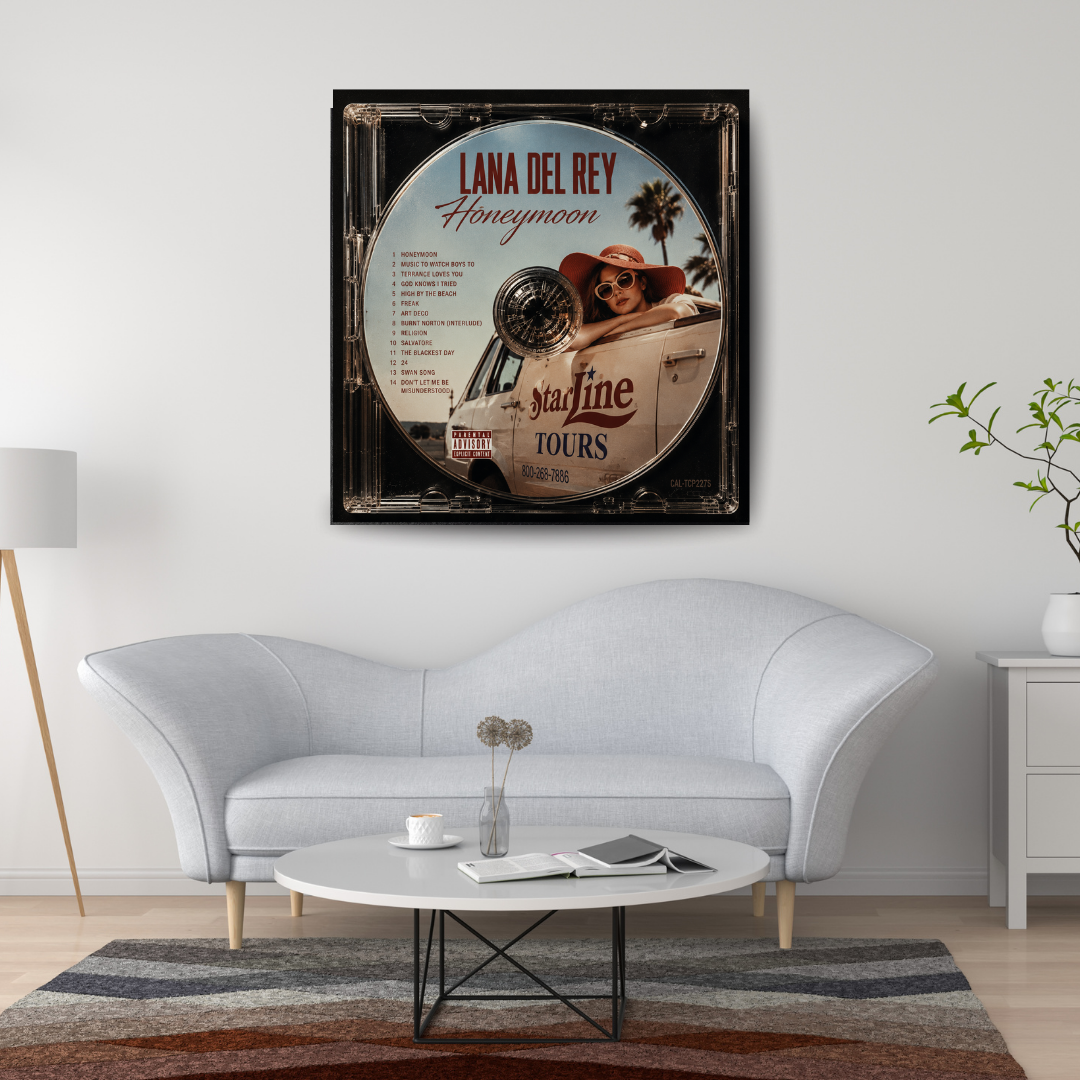 Honeymoon Music CD poster mockup in living room