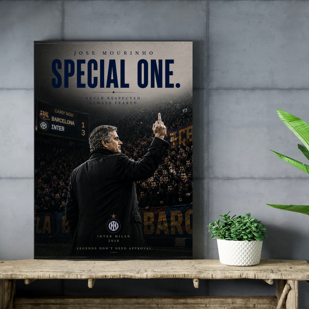 Jose Mourinho The Special One football poster mockup on concrete wall and wooden shelf