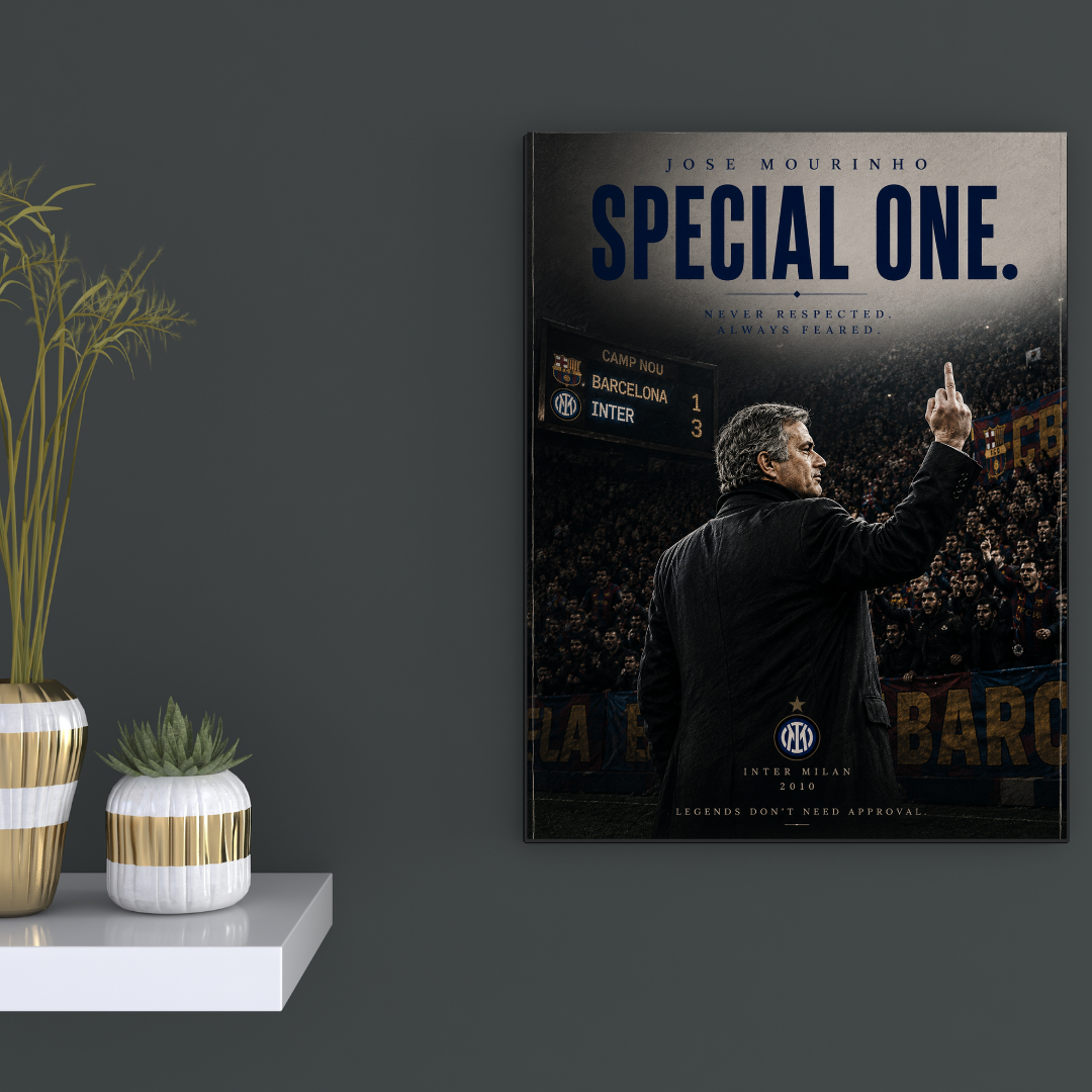 Jose Mourinho The Special One football poster mockup on dark wall, primary view