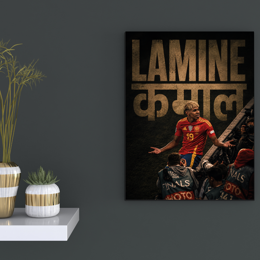 Lamine Yamal Young Icon football poster mockup on dark wall, primary view