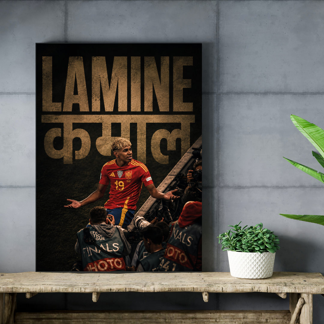 Lamine Yamal Young Icon football poster mockup on concrete wall and wooden shelf