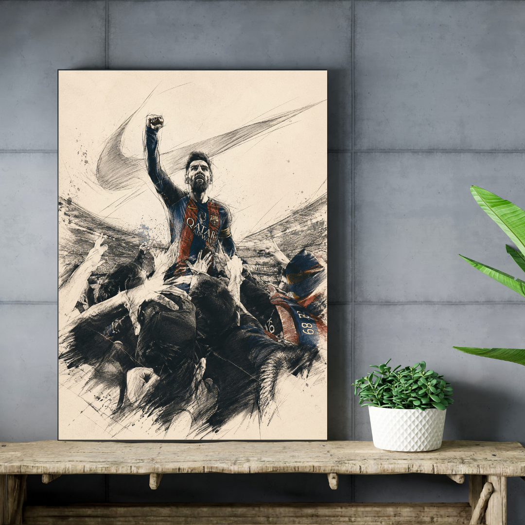 Lionel Messi Magician football poster mockup on concrete wall and wooden shelf