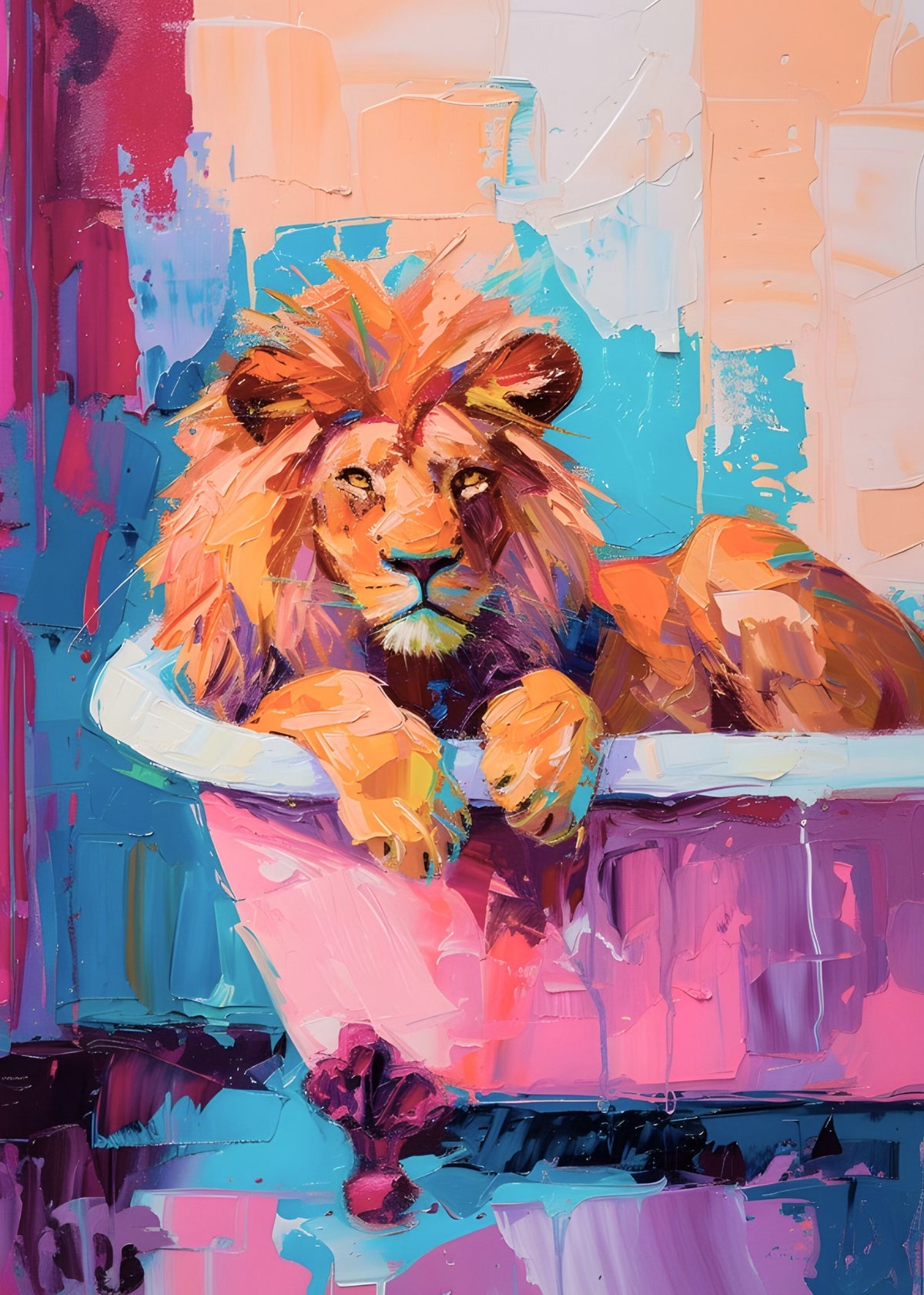 Colourful painted lion relaxing in a bright bathtub