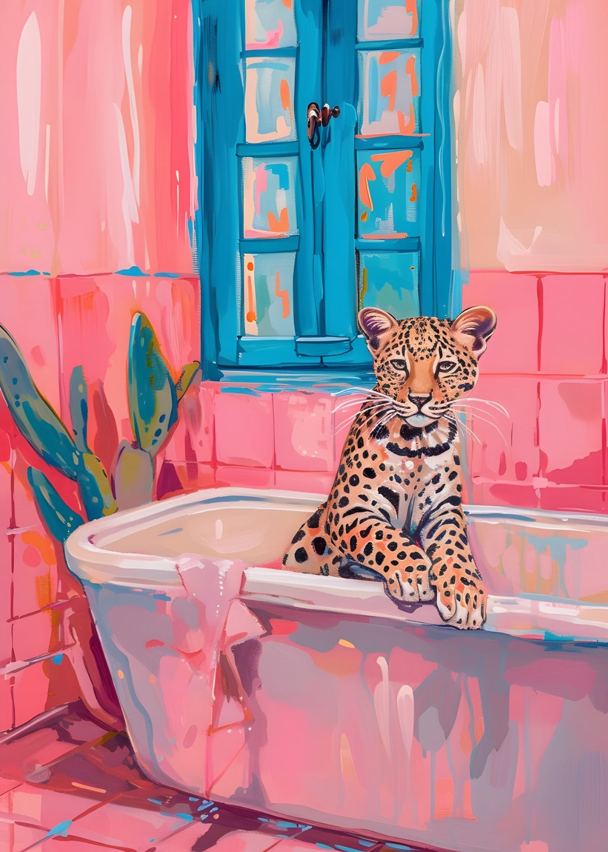 Leopard sitting in a pink bathtub beneath a blue window