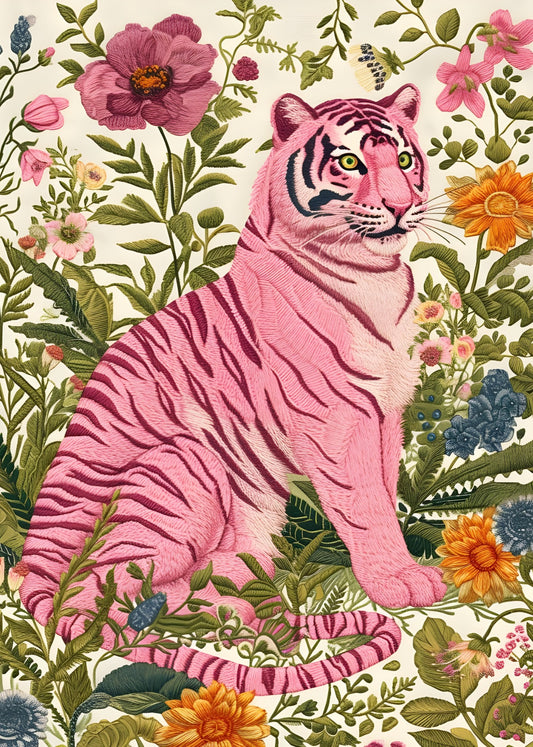 Pink tiger surrounded by embroidered botanical flowers