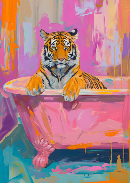 Pop art tiger resting in a colourful pink bathtub