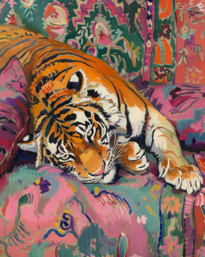Sleeping tiger on a richly patterned colourful sofa